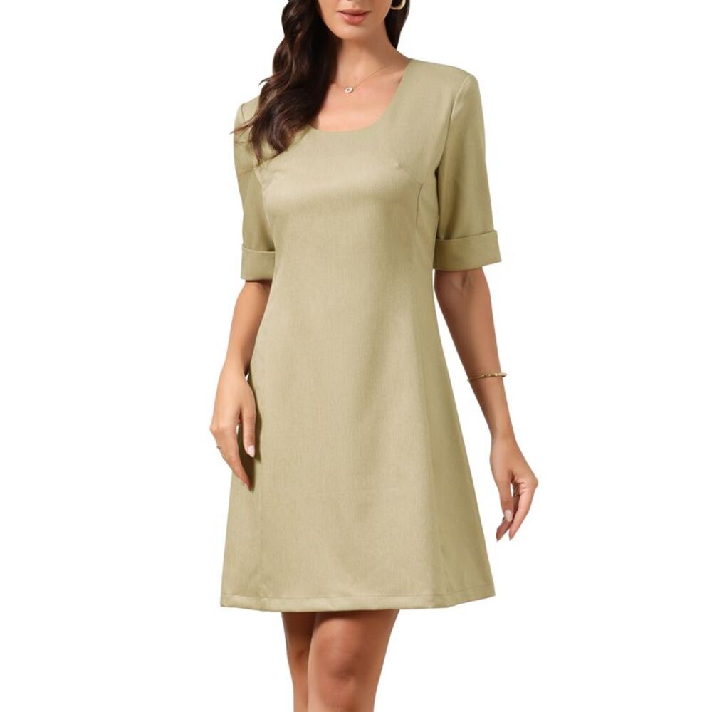 Women Summer Mini Dress Short Sleeve Round Neck A-Line Office Dress Khaki